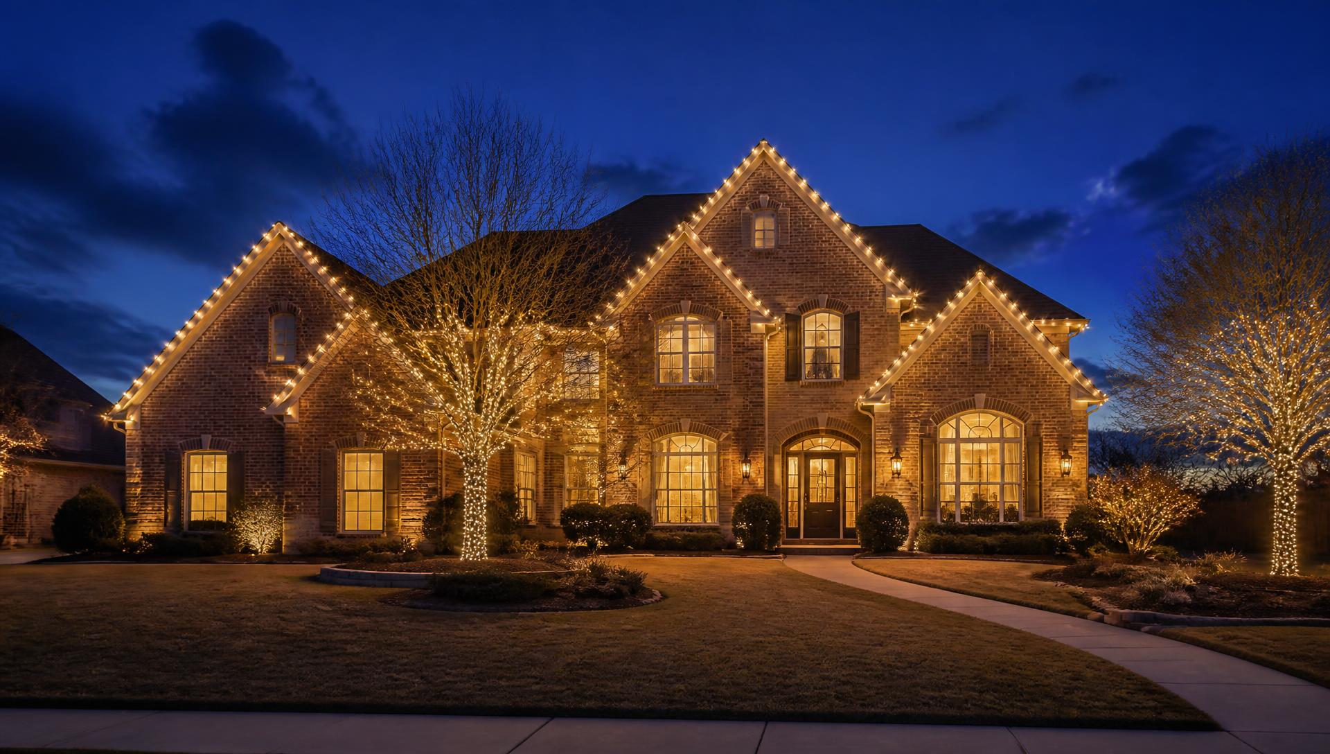North Texas home professionally decorated with Christmas lights at night